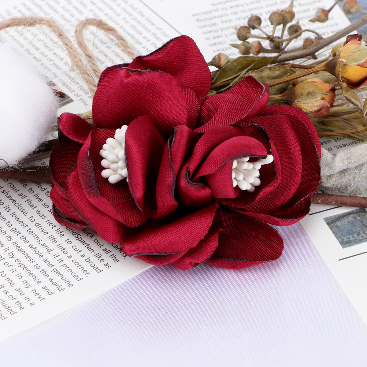 Satin Rose Fabric Flower with Stamen Center - Product Detail Photo 1
