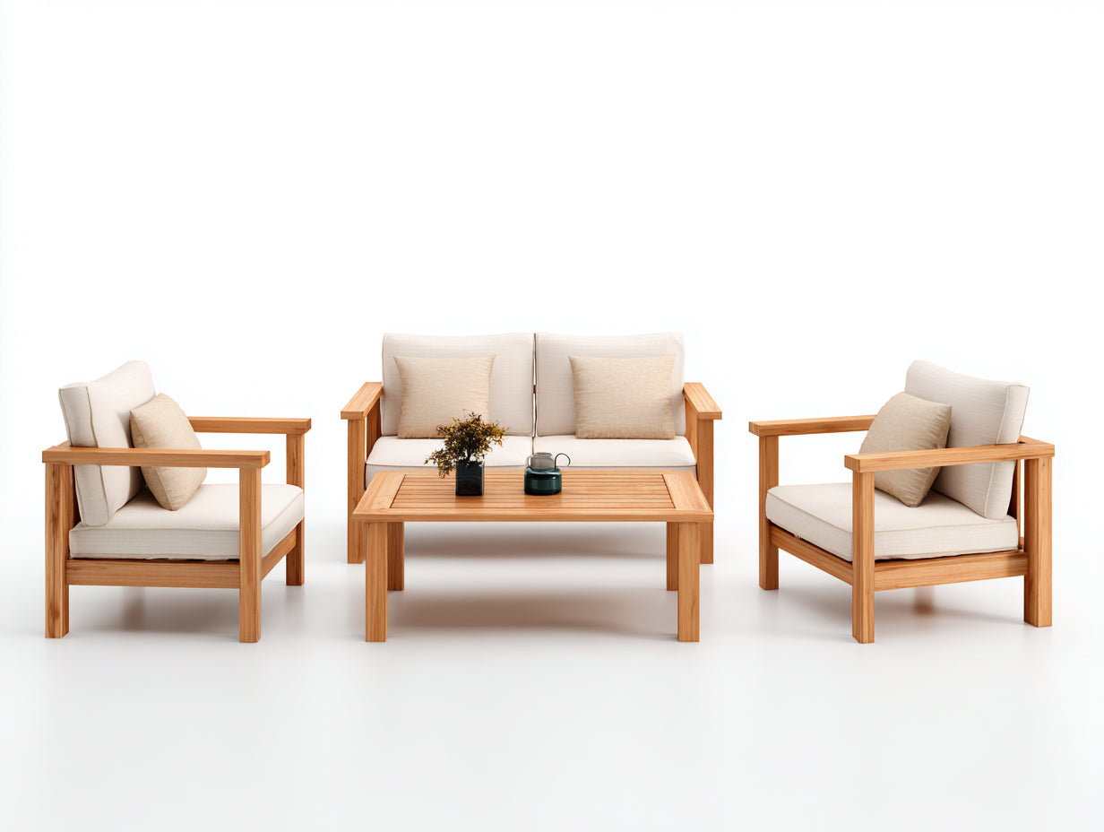 Sofás de exterior madera 180x80x75 cm marrón-beige - conjunto de jardín con mesa y 4 asientos - diseño natural