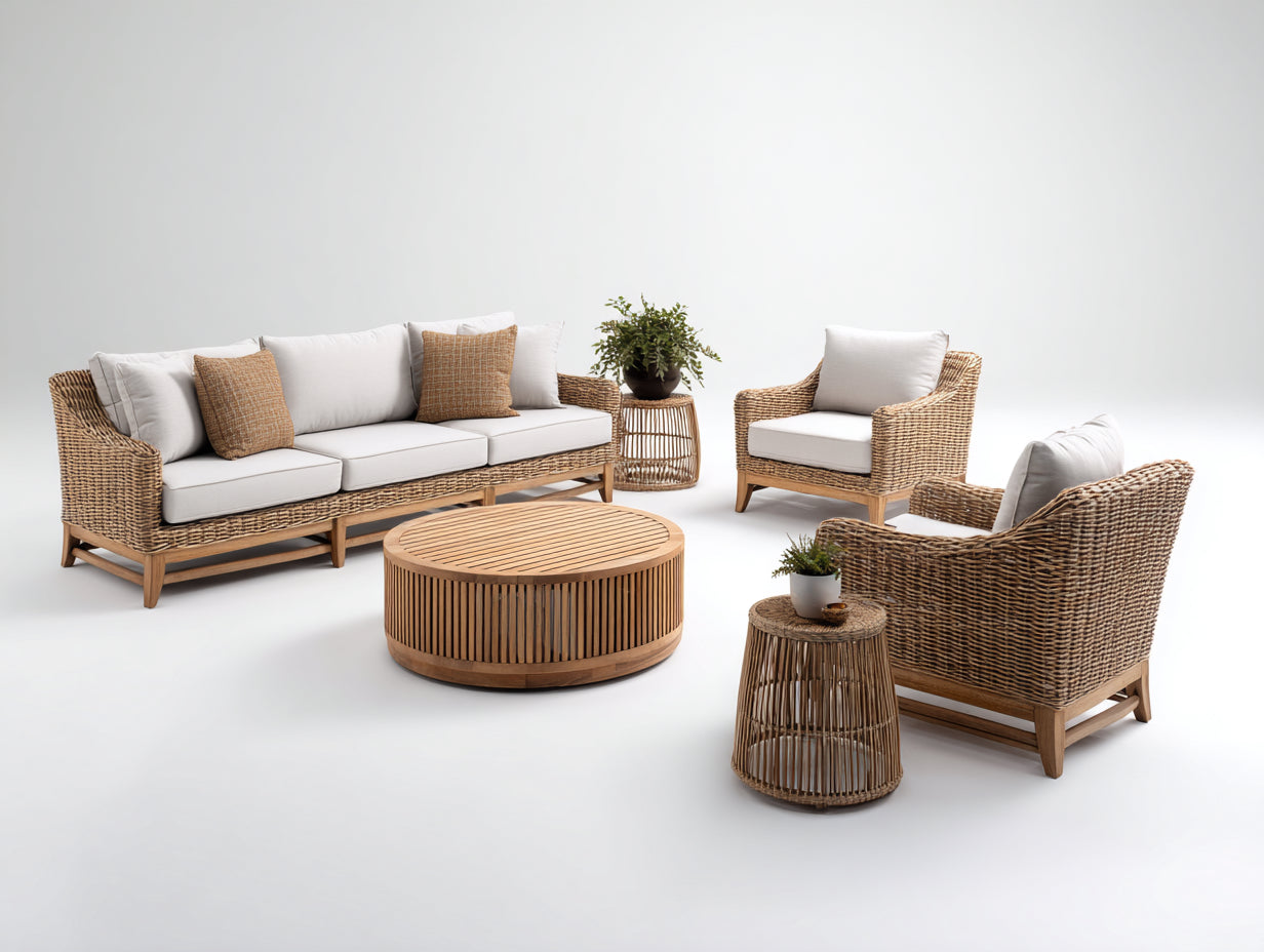 Sofás de exterior de ratán 210x85x78 cm natural y beige - conjunto moderno con mesa redonda