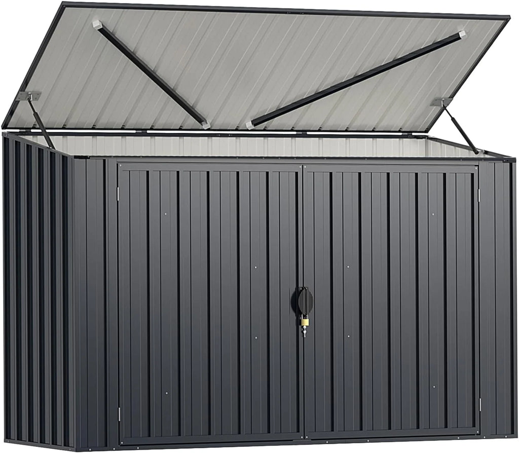 GOPLUS 1,9 m³ Caseta de Jardín de Acero Galvanizado, 193 x 86 x 127 cm, Cobertizo Exterior con Doble Puerta con Cerraduras, Palanca Hidráulica, Casa para Herramientas, Bicicletas, Cubos de Basura