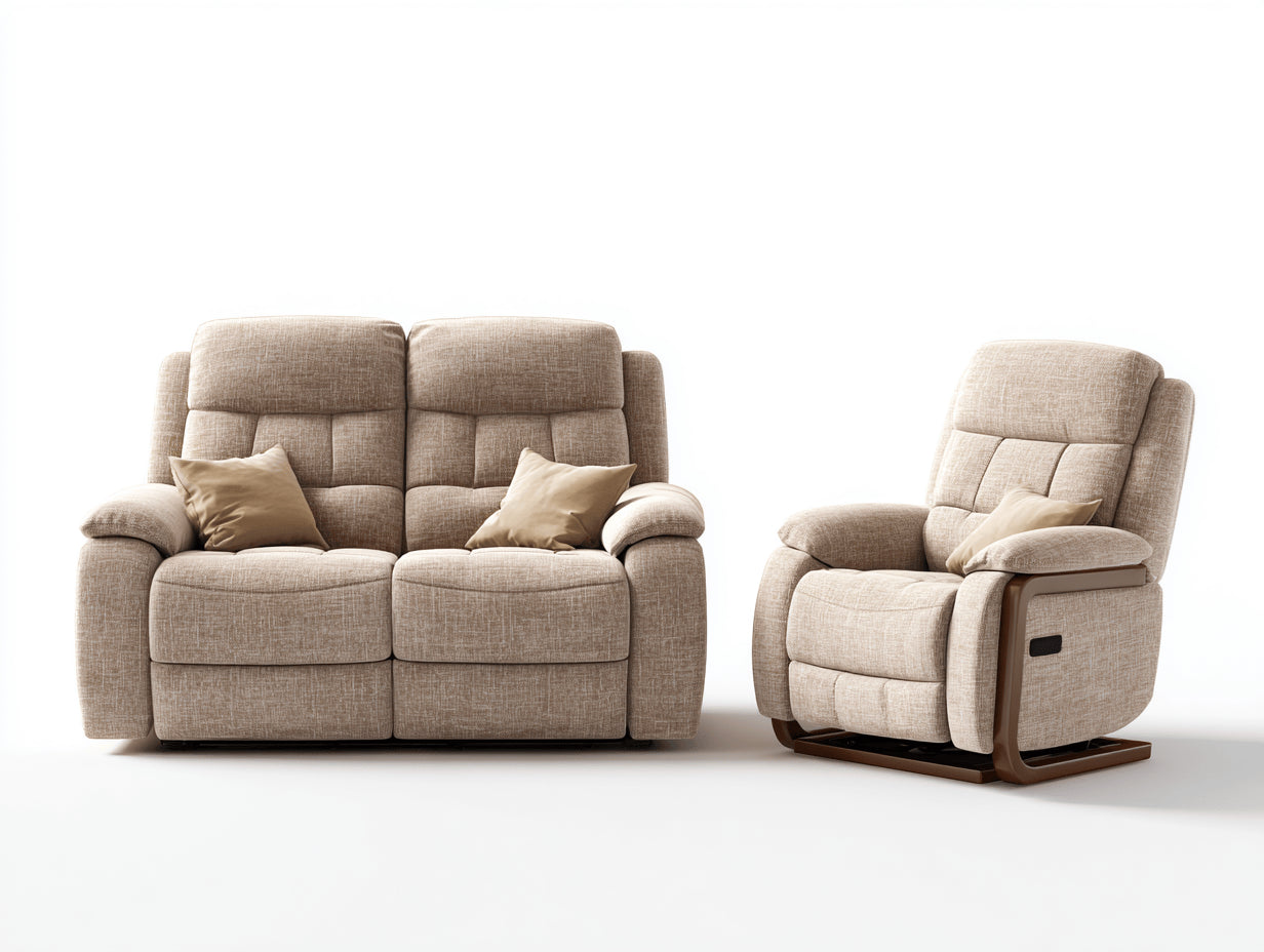 Conjunto de sofá 2 plazas 150x95x100 cm y sillón 95x95x100 cm - tapizado en tela beige - diseño reclinable manual con 3 cojines incluidos