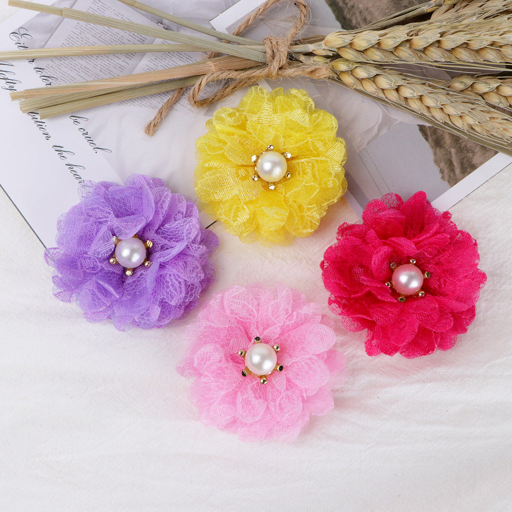 Lace Mesh Fabric Flower with Pearl Center - Blue 5CM
