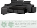 BUDWING John Sofá Cama Esquinero 4 Plazas - Chaise Longue Reversible, Reposacabezas Ajustable y 2 Pufs – Tapizado en Poliuretano – Estilo Moderno – 263x161x96 cm – Negro