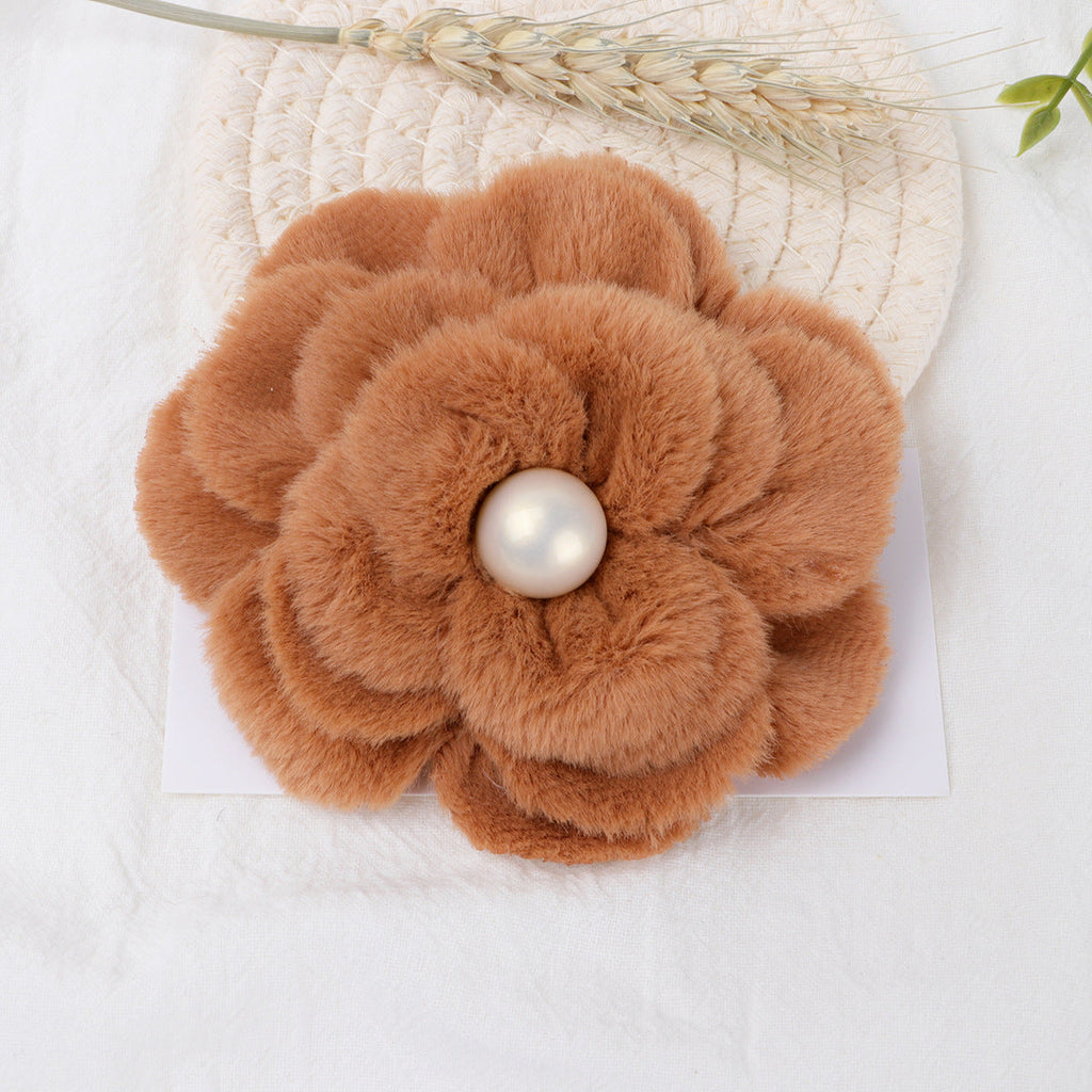 Plush Velvet Camellia Fabric Flower with Pearl - Beige 10CM