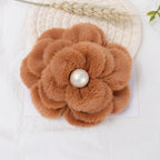 Plush Velvet Camellia Fabric Flower with Pearl - Beige 10CM