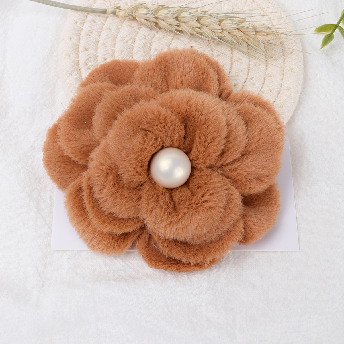Plush Velvet Camellia Fabric Flower with Pearl - Beige 10CM
