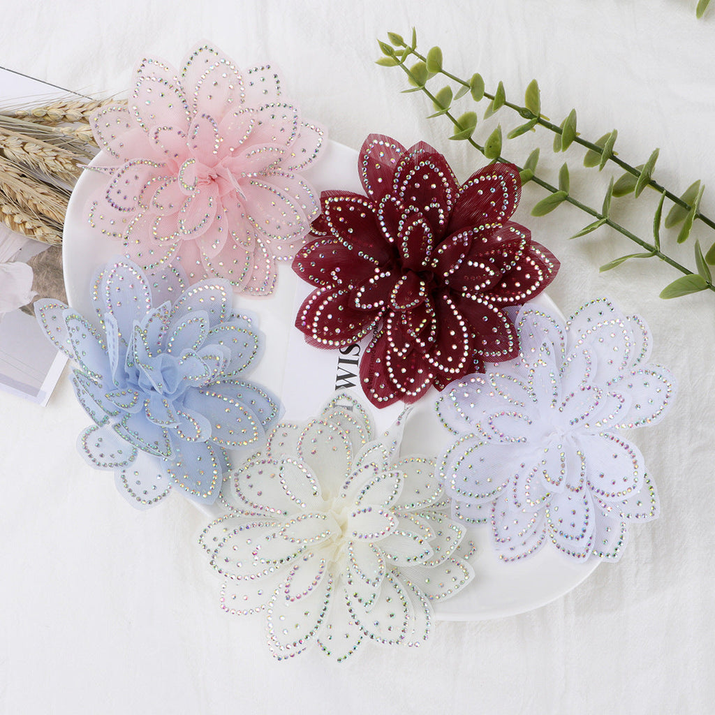 Sparkly Rhinestone Camellia Fabric Flower Applique - Off-white 11CM
