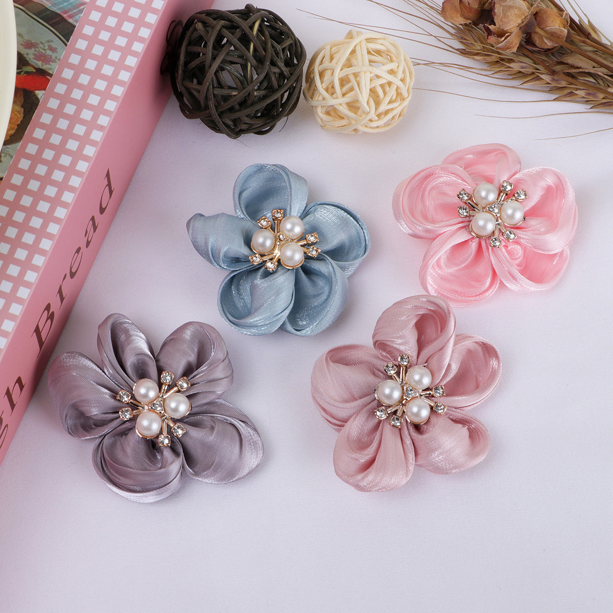 Pearl Center Satin Fabric Flower Applique - Gray 5.5CM