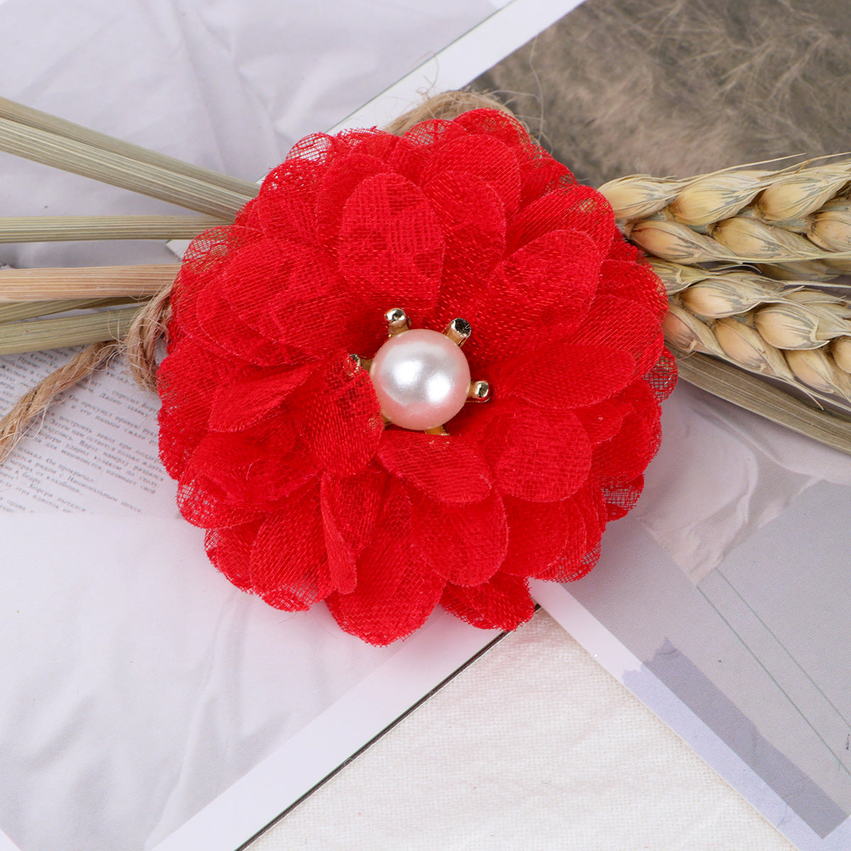 Lace Mesh Fabric Flower with Pearl Center - Product Detail Photo 1