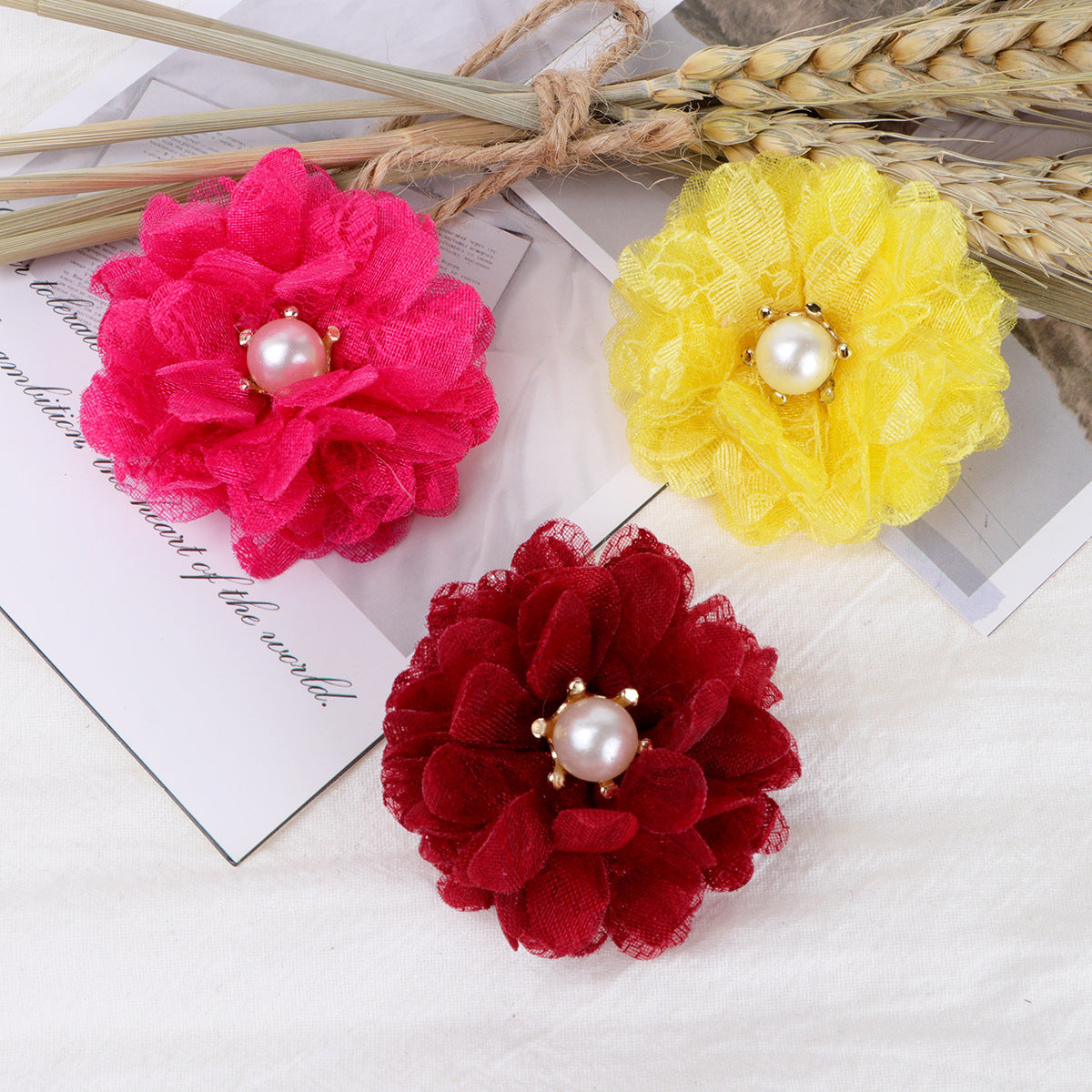 Lace Mesh Fabric Flower with Pearl Center - Wine Red 5CM