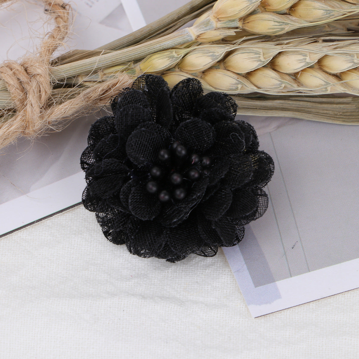 Mini Lace Mesh Fabric Flower with Bead Center - Yellow 4cm