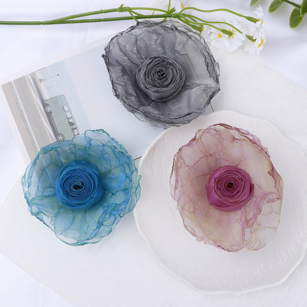 Raw Edge Organza Rose Fabric Flower Applique - Gray 9.5CM