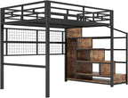 Cama alta (140 x 200 cm), marco de hierro, armario, escalera de almacenamiento, rejilla para colgar objetos, espacio libre debajo de la cama, luces LED de 7 colores, sin colchón, color negro