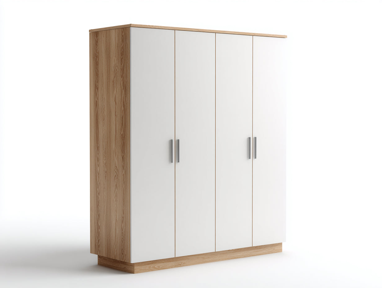 Armarios de 4 puertas 160x60x180 cm - madera MDF acabado blanco y roble - diseño moderno para dormitorio