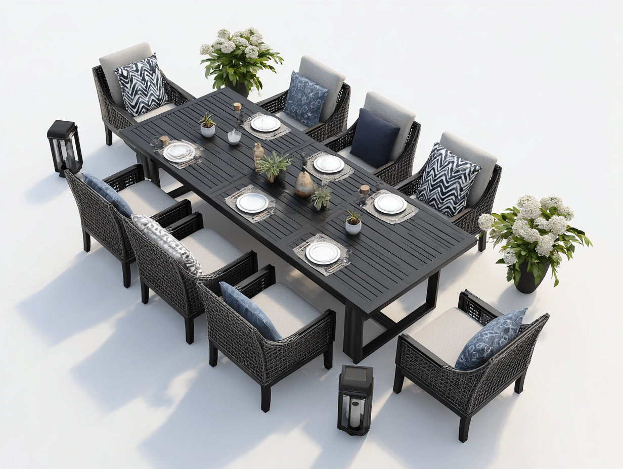 Conjuntos de comedor de jardín ratán sintético 200x100x75 cm negro-gris - mesa rectangular con 8 sillones - diseño moderno