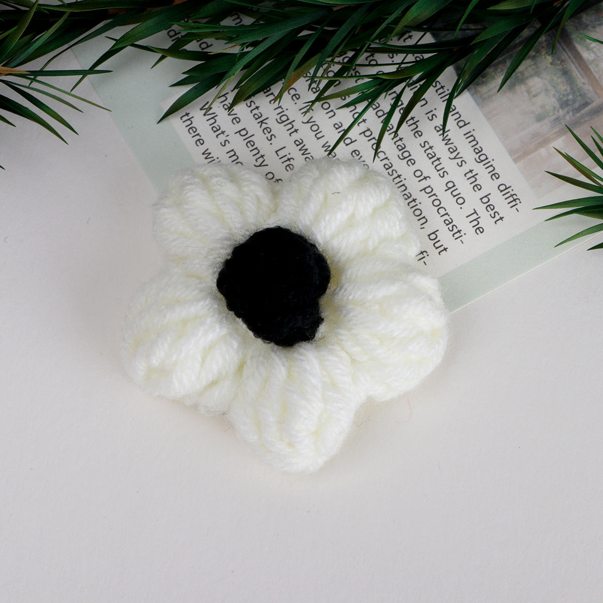 Knit Daisy Fabric Flower with Center Accent - Coffee 4cm