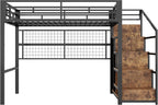 Cama alta (140 x 200 cm), marco de hierro, armario, escalera de almacenamiento, rejilla para colgar objetos, espacio libre debajo de la cama, luces LED de 7 colores, sin colchón, color negro