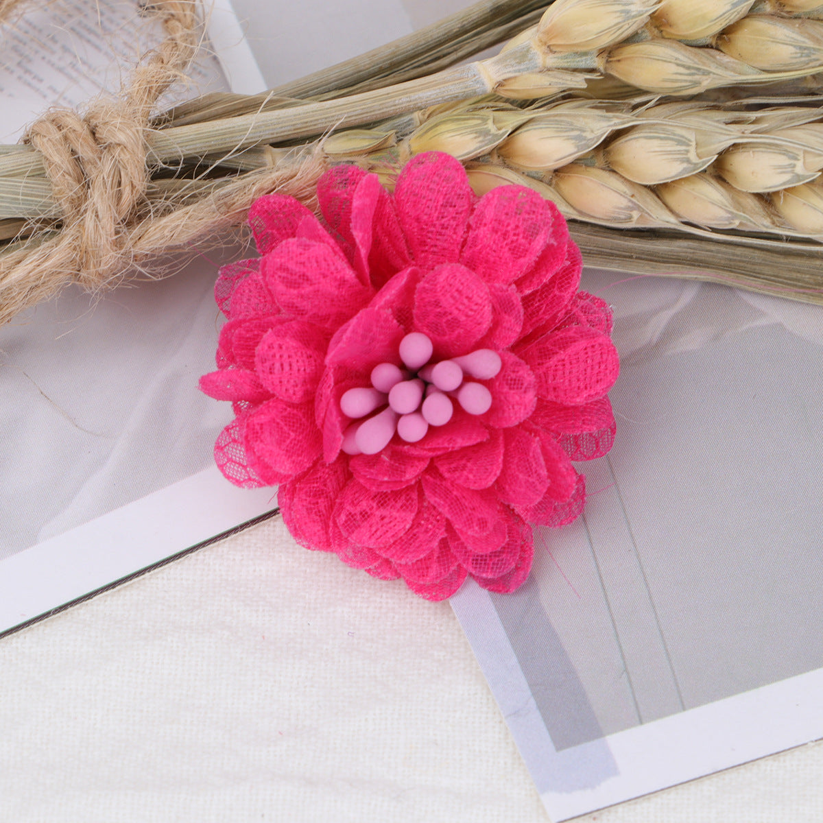 Mini Lace Mesh Fabric Flower with Bead Center - Gray 4cm