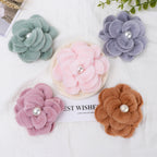 Plush Velvet Camellia Fabric Flower with Pearl - Green 10CM