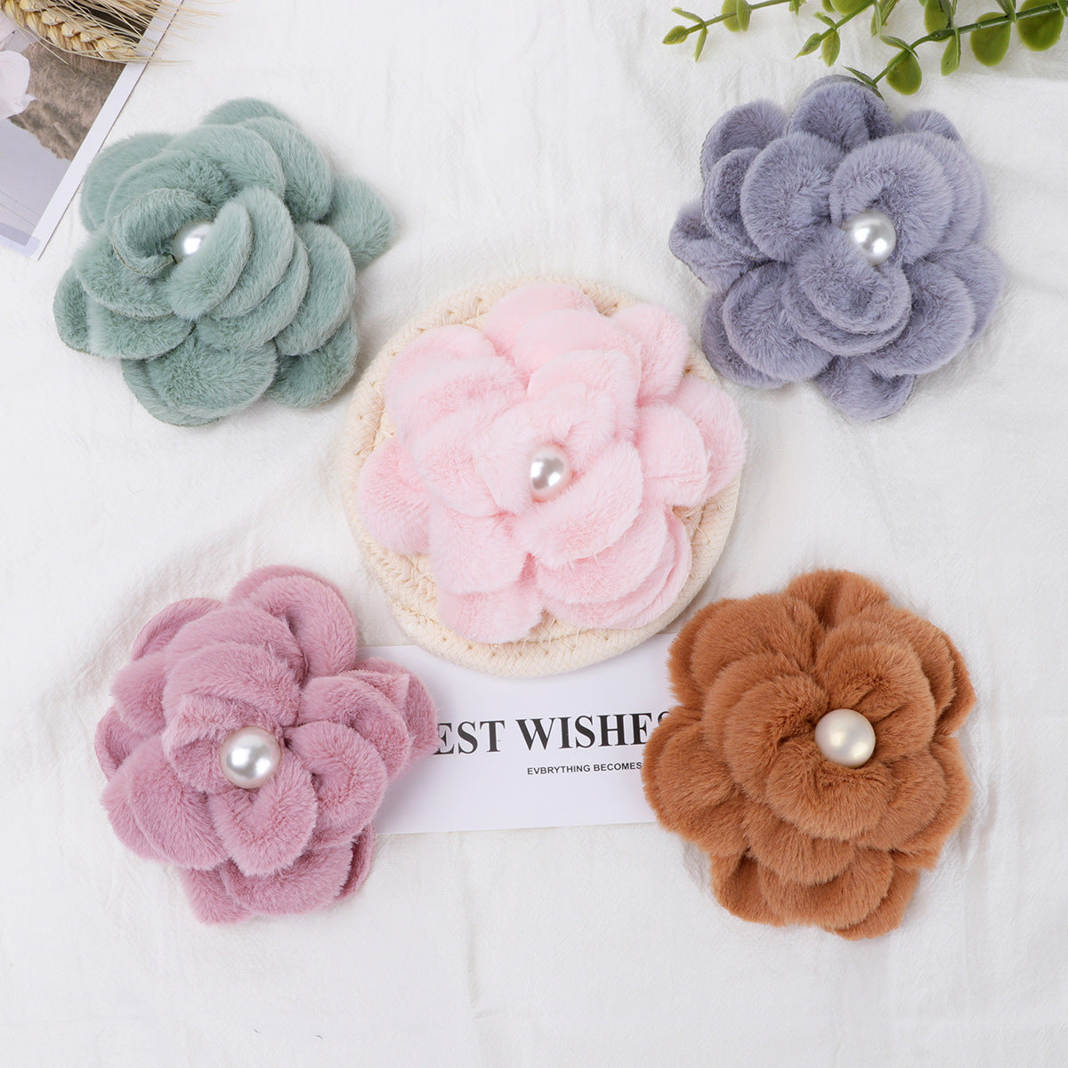Plush Velvet Camellia Fabric Flower with Pearl - Green 10CM