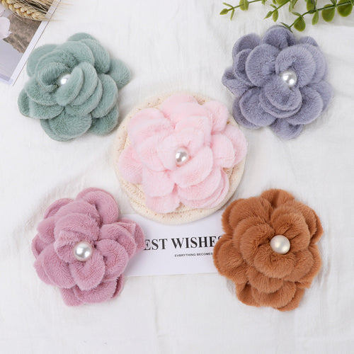 Plush Velvet Camellia Fabric Flower with Pearl - Green 10CM