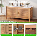 KOMFOTTEU Baúl de Jardín de Madera de Acacia, Caja de Almacenamiento con Doble Puerta y Tapa de Mármol Artificial, Arcón Exterior con Patas Ajustables, Contenedor Organizador para Patio