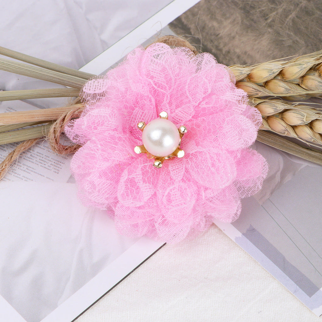 Lace Mesh Fabric Flower with Pearl Center - Black 5CM
