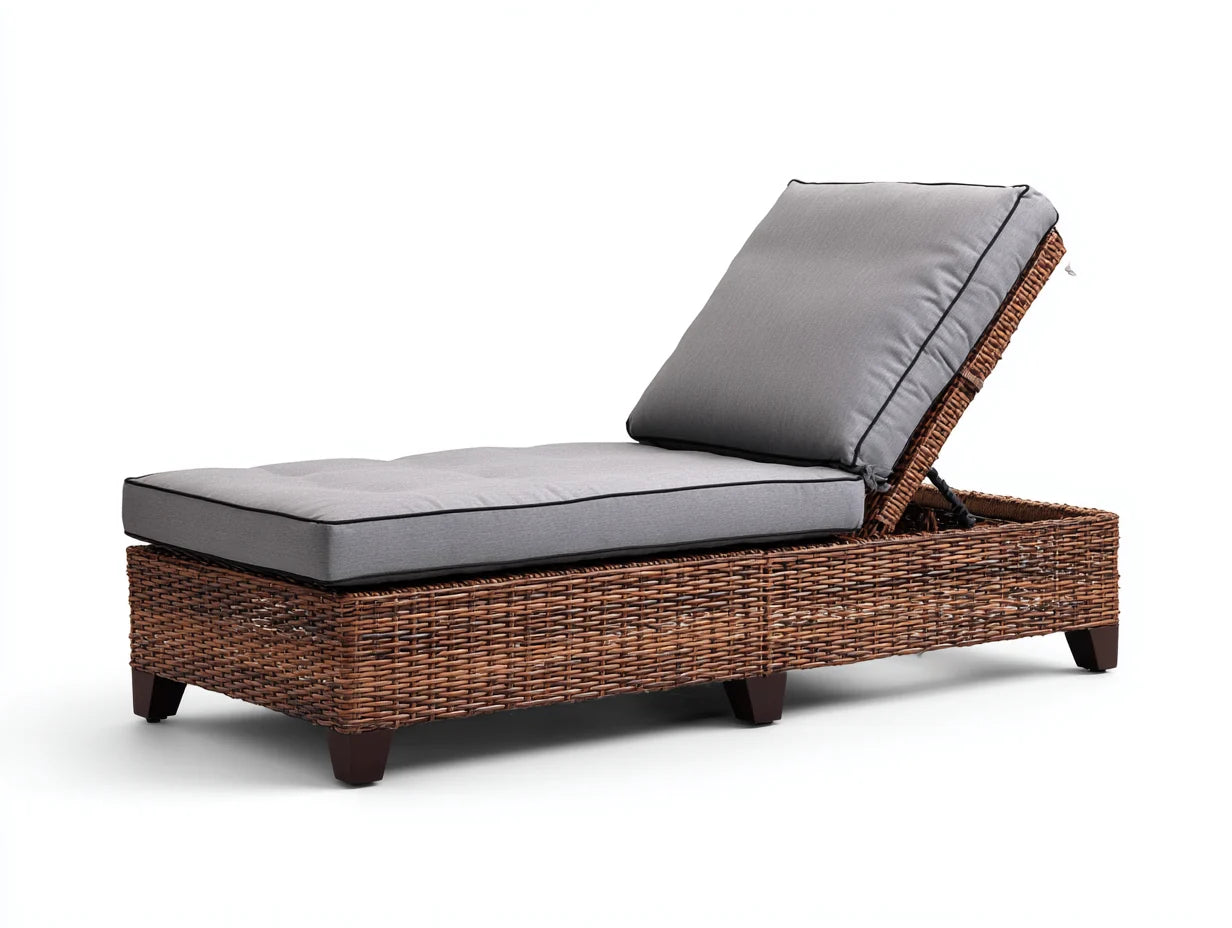Tumbonas 195x70x88 cm - ratán marrón y cojín gris para exterior - estilo moderno reclinable