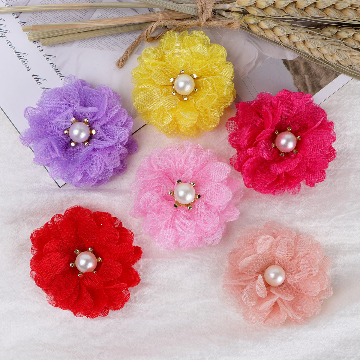 Lace Mesh Fabric Flower with Pearl Center - White 5CM