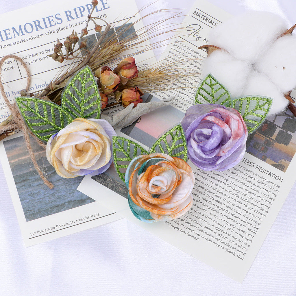 Tie Dye Rose Fabric Flower with Embroidered Leaf - Turmeric 7cm