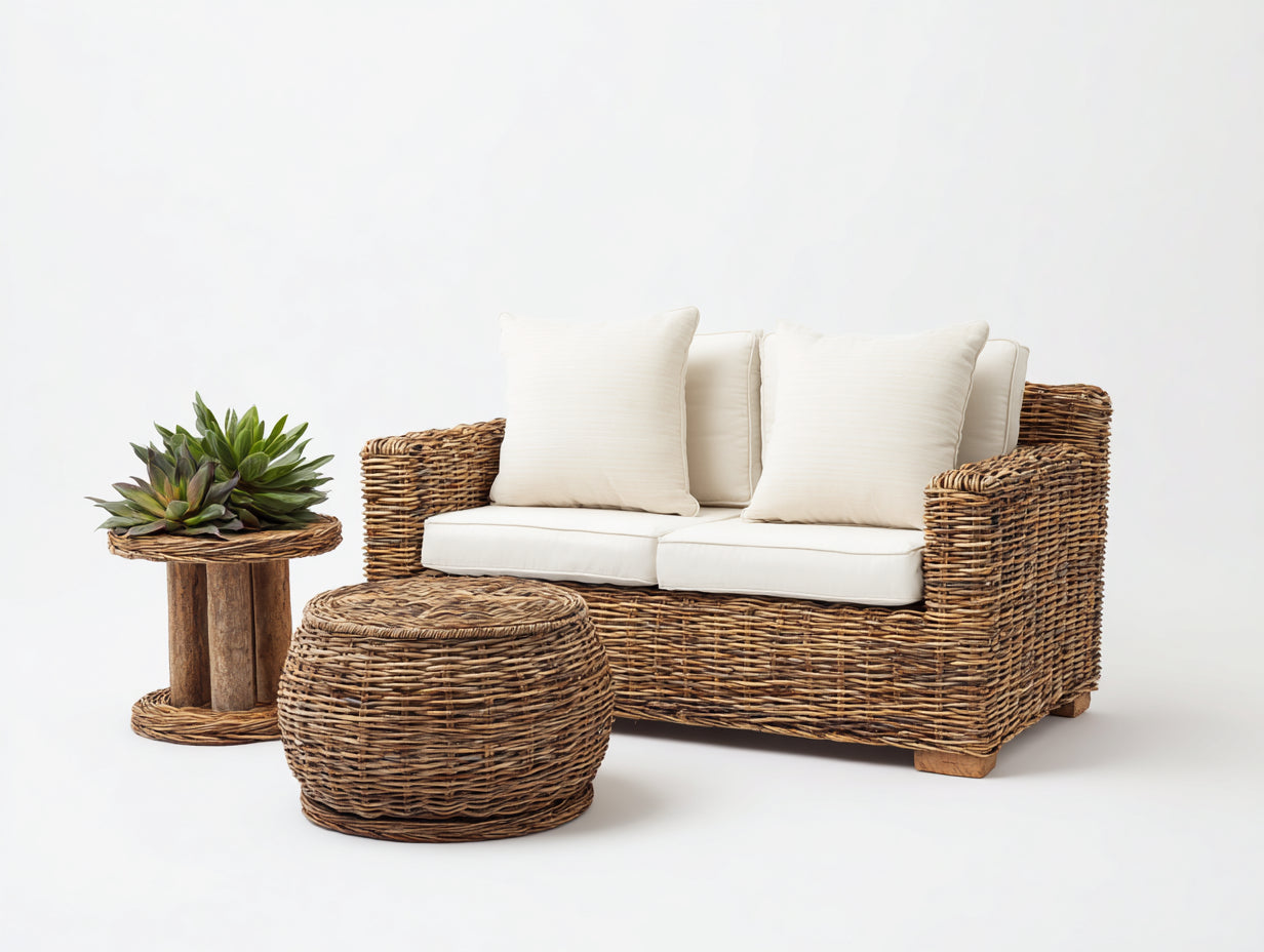 Sofás de exterior 165x82x88 cm ratán sintético color marrón-beige para jardín con mesa auxiliar y reposapiés - diseño natural