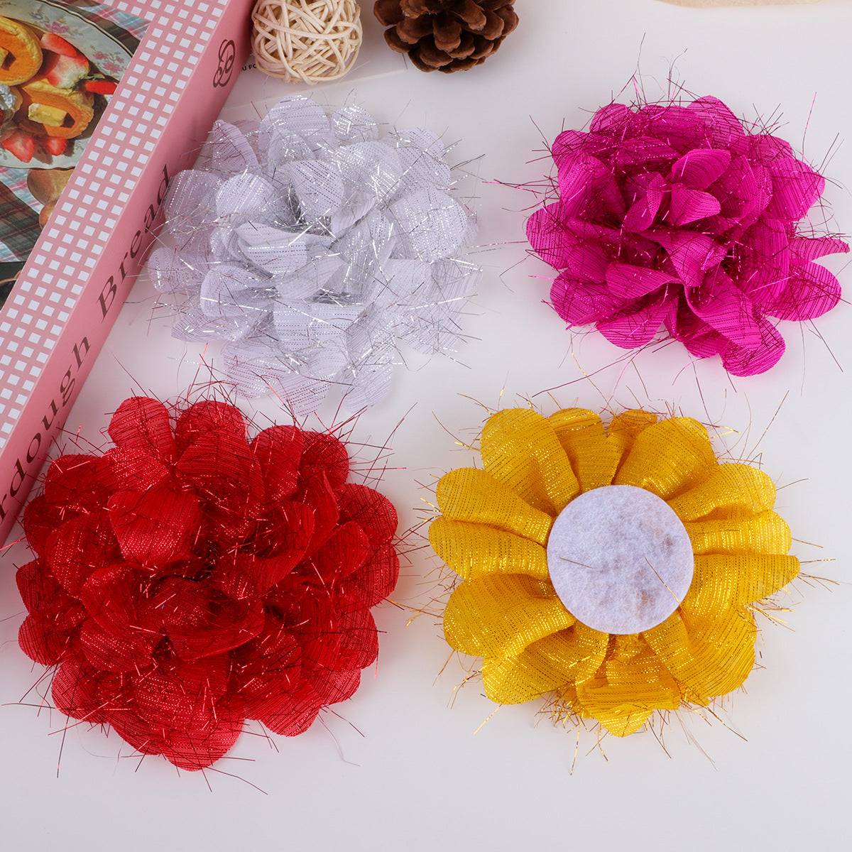 Tinsel Sparkle Ruffled Fabric Flower Applique - Yellow 11CM