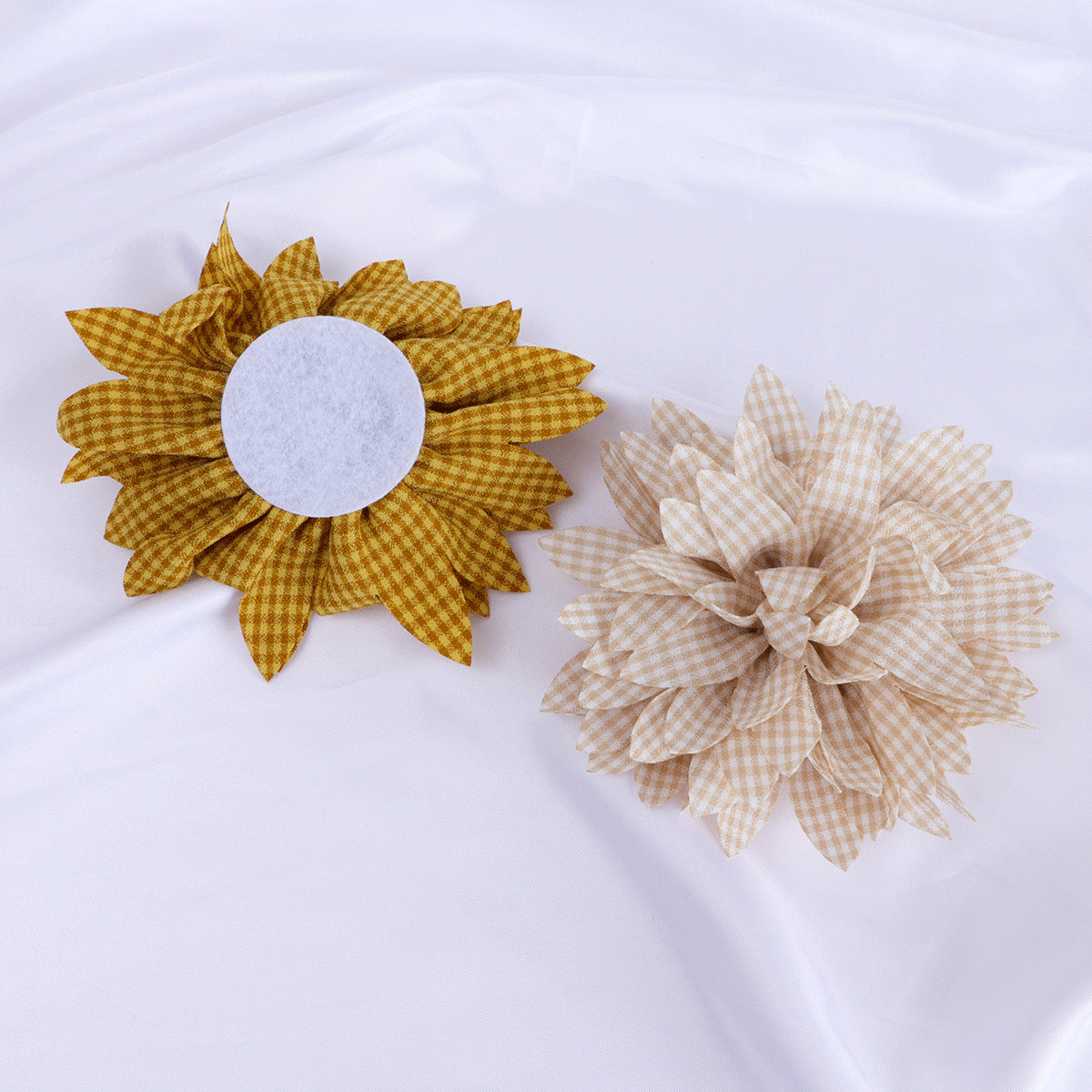 Gingham Print Dahlia Fabric Flower Applique - Beige 13cm