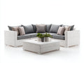 Sofás de exterior 4 plazas con mesa 220x220x75 cm - ratán sintético color blanco y cojines gris - diseño moderno para jardín