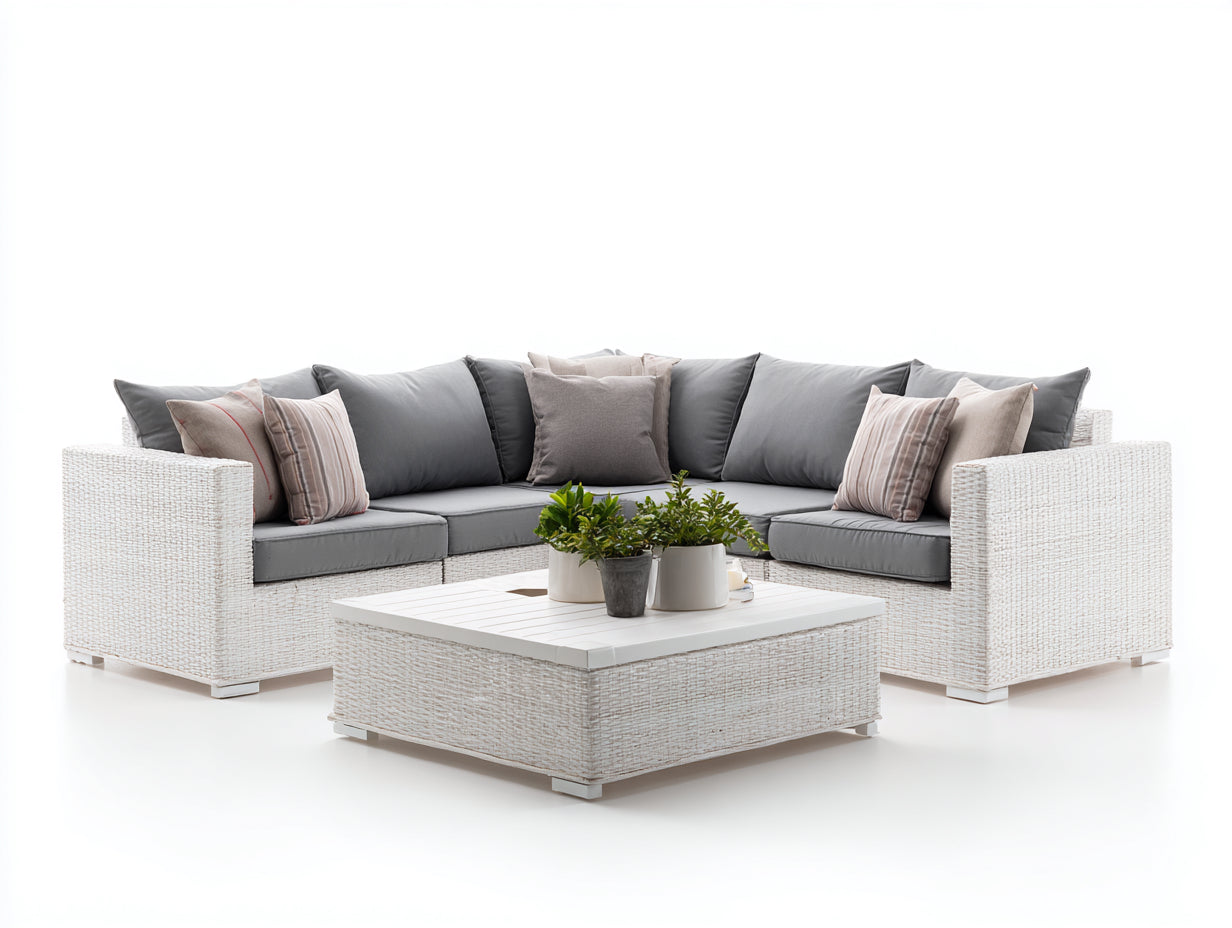 Sofás de exterior 4 plazas con mesa 220x220x75 cm - ratán sintético color blanco y cojines gris - diseño moderno para jardín