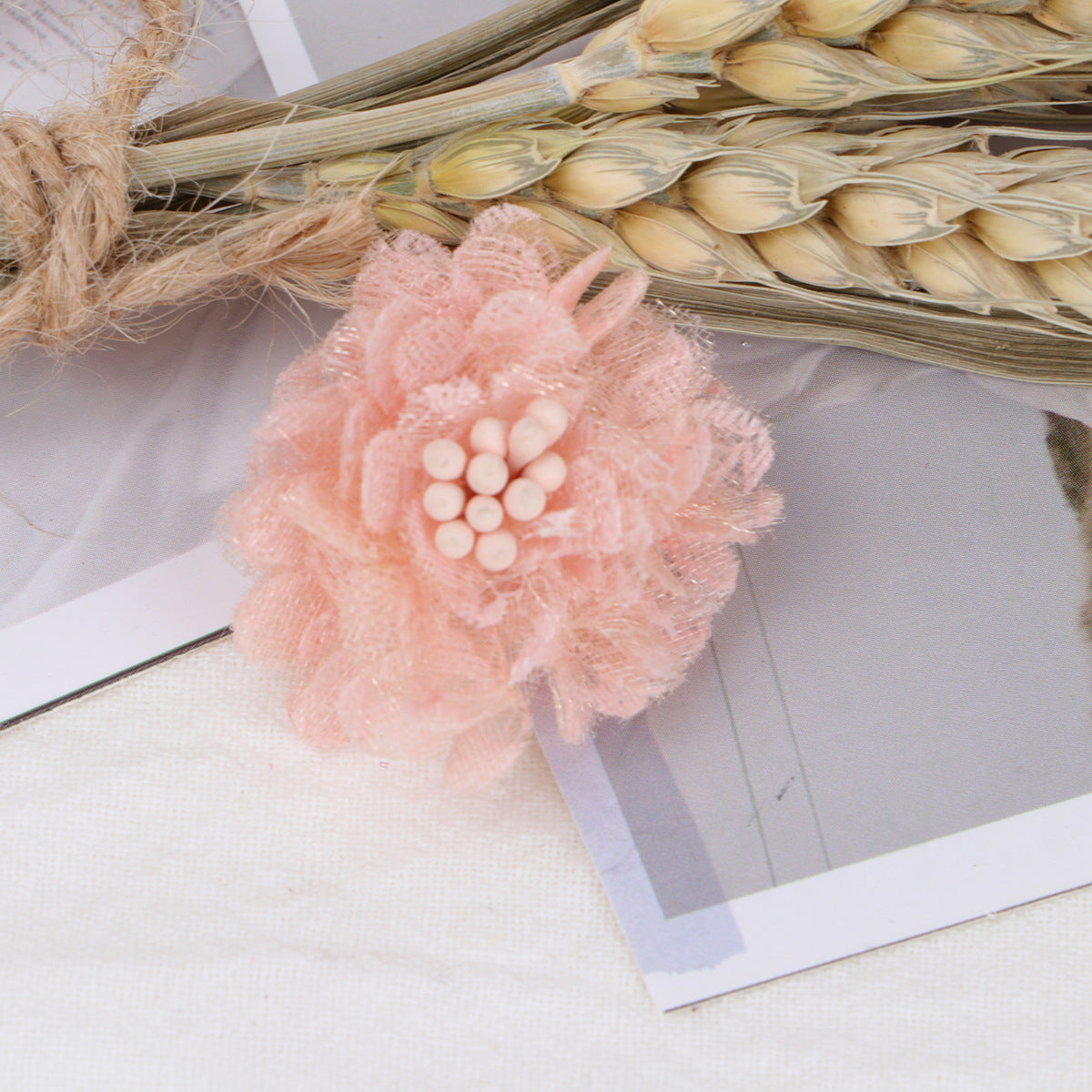 Mini Lace Mesh Fabric Flower with Bead Center - Pink 4cm