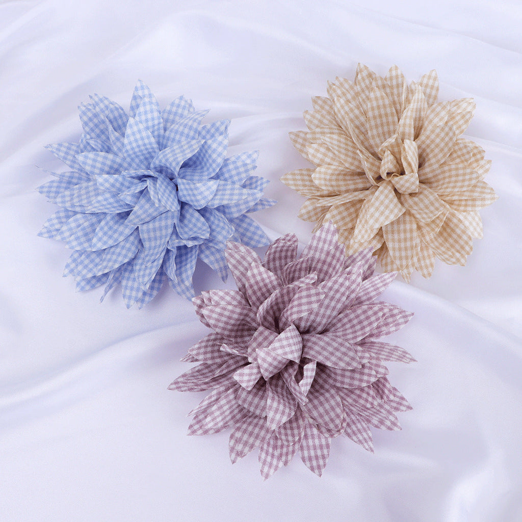Gingham Print Dahlia Fabric Flower Applique - Light purple 13cm