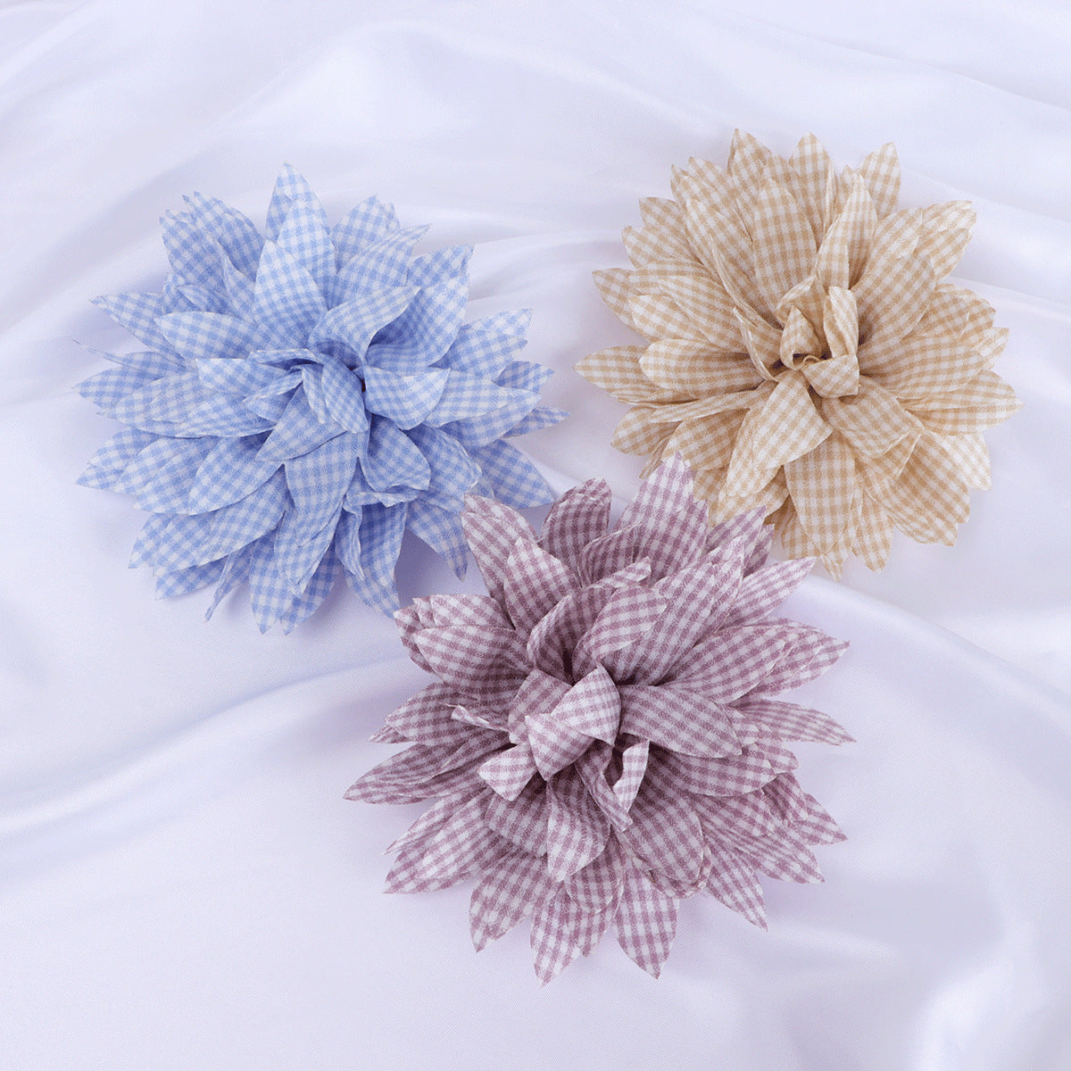 Gingham Print Dahlia Fabric Flower Applique - Light purple 13cm