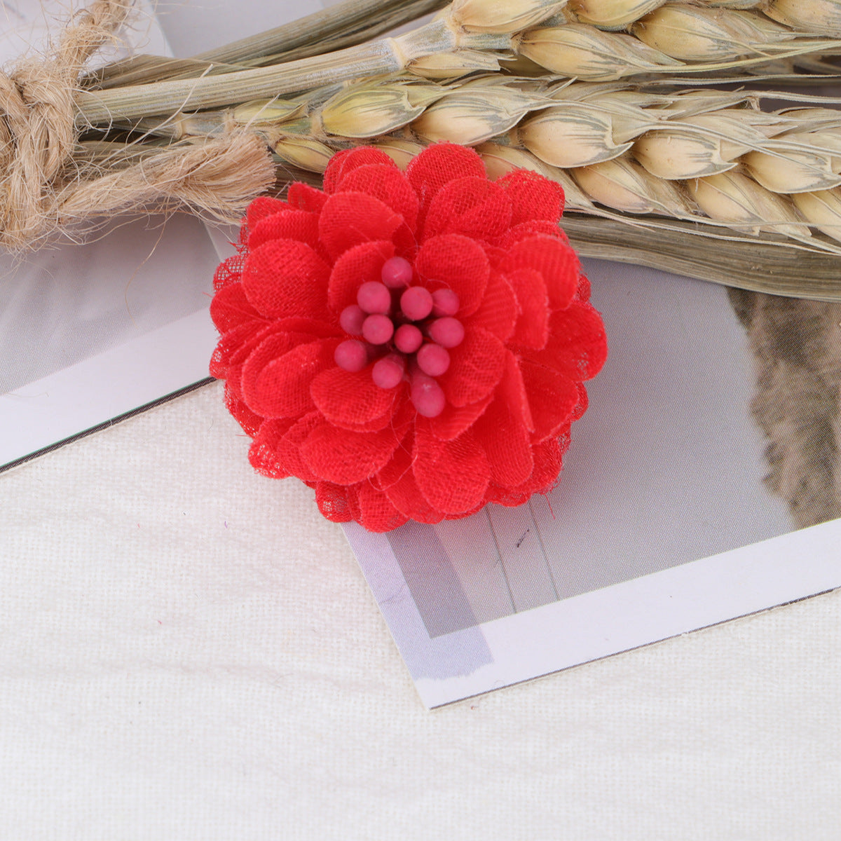 Mini Lace Mesh Fabric Flower with Bead Center - Light blue 4cm