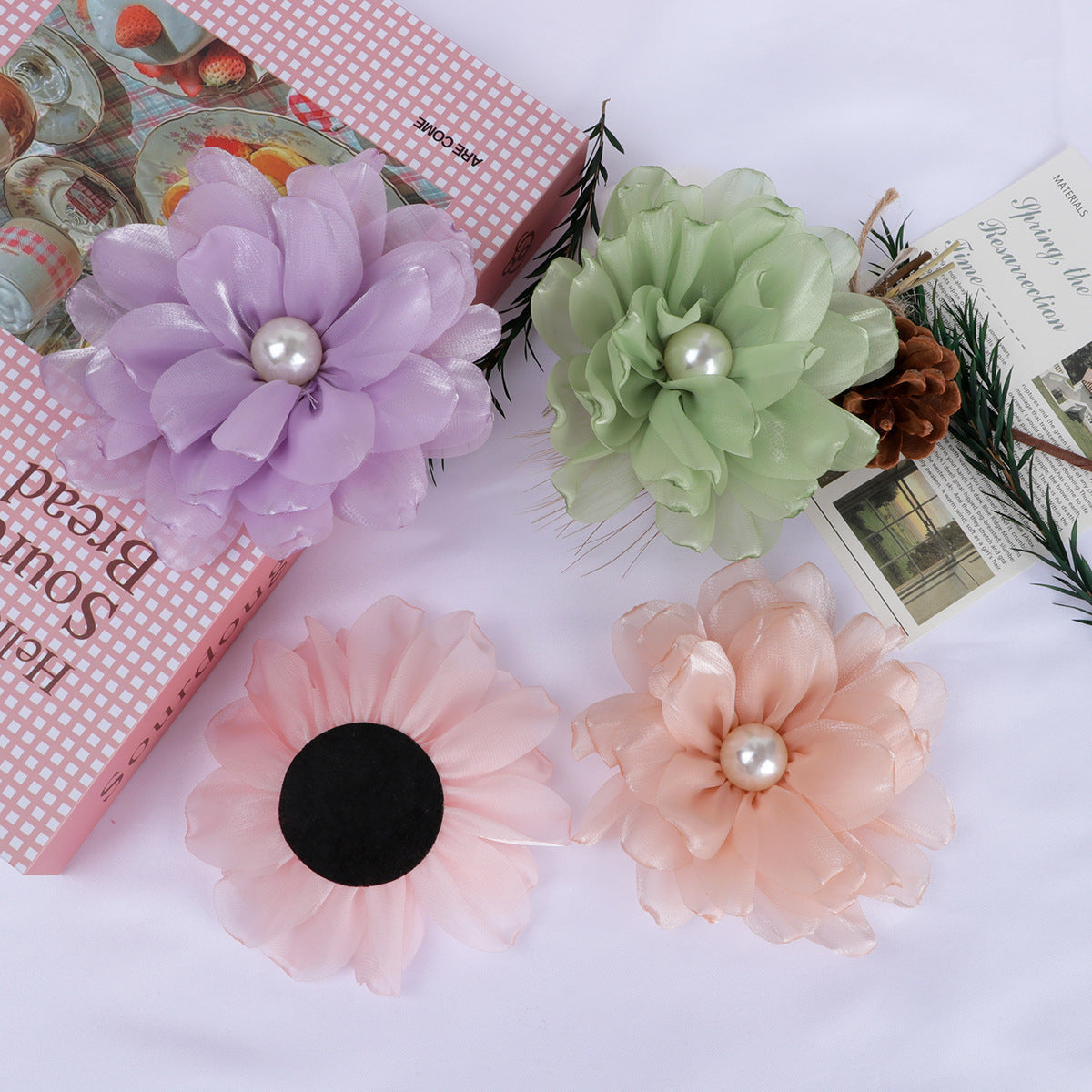 Pearl Center Layered Petal Fabric Flower - Black 10cm