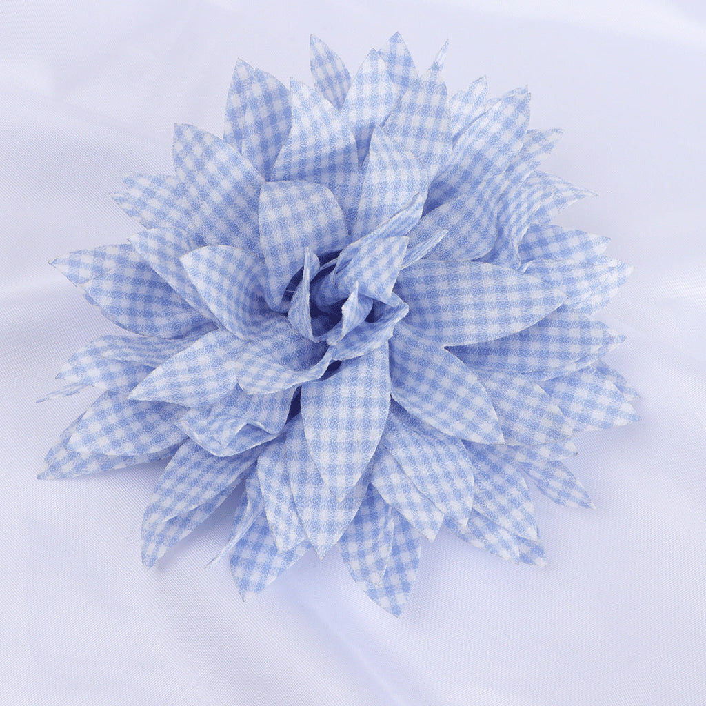 Gingham Print Dahlia Fabric Flower Applique - Earthy yellow 13cm