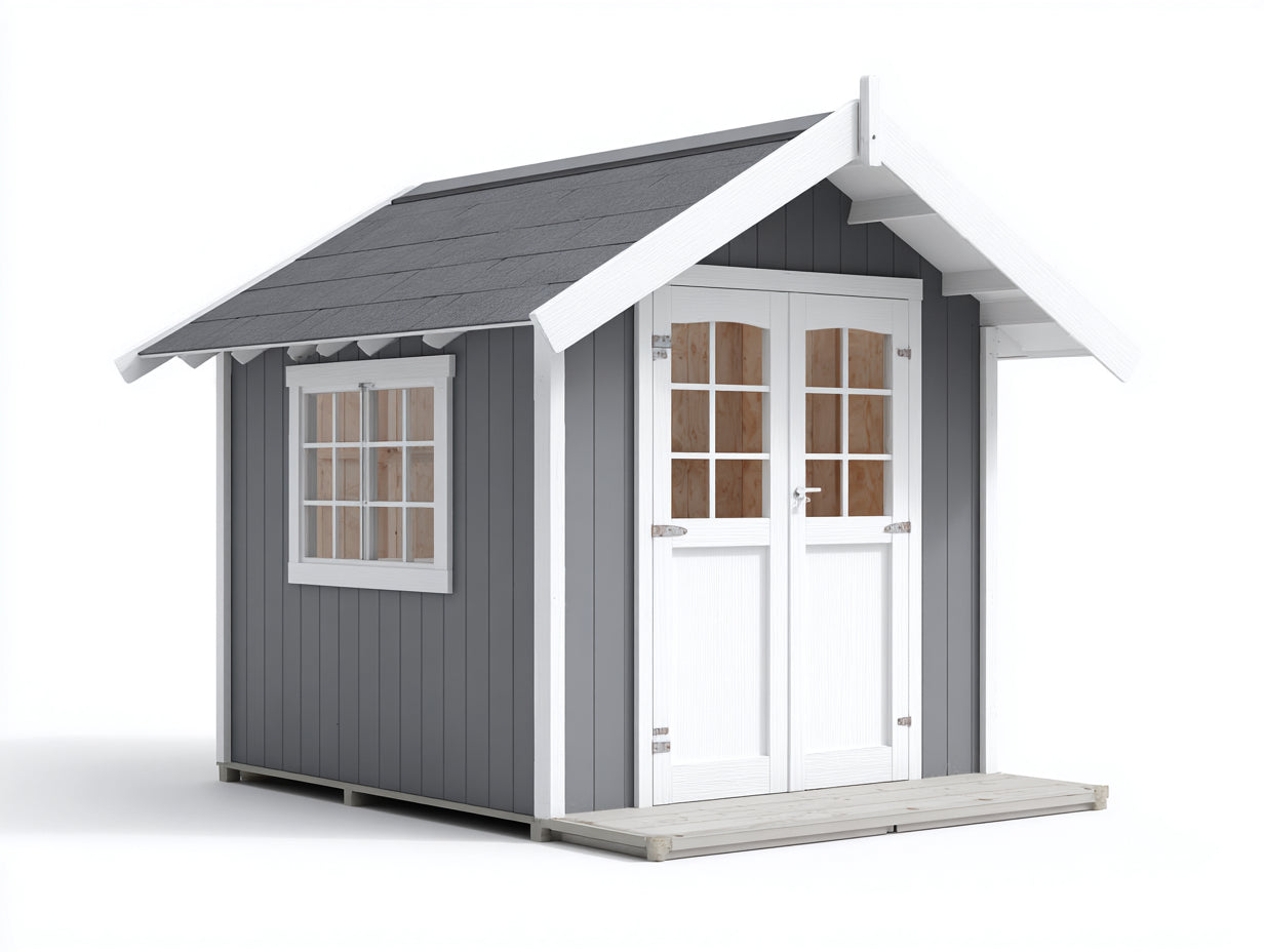 Caseta de jardín madera 200x150x210 cm gris blanco con puertas dobles y ventana para exterior estilo moderno