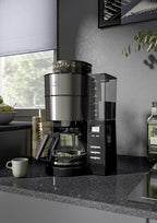 Melitta AromaFresh - Filterkaffeemaschine - mit Glaskanne - integriertes Mahlwerk - Timer Funktion - 10 Tassen - Pure Black
