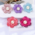 Pearl Center Mesh Fabric Flower Applique - Beige 5cm