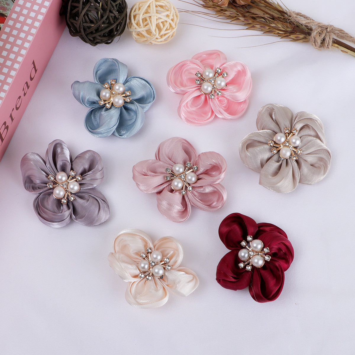 Pearl Center Satin Fabric Flower Applique - Black 5.5cm