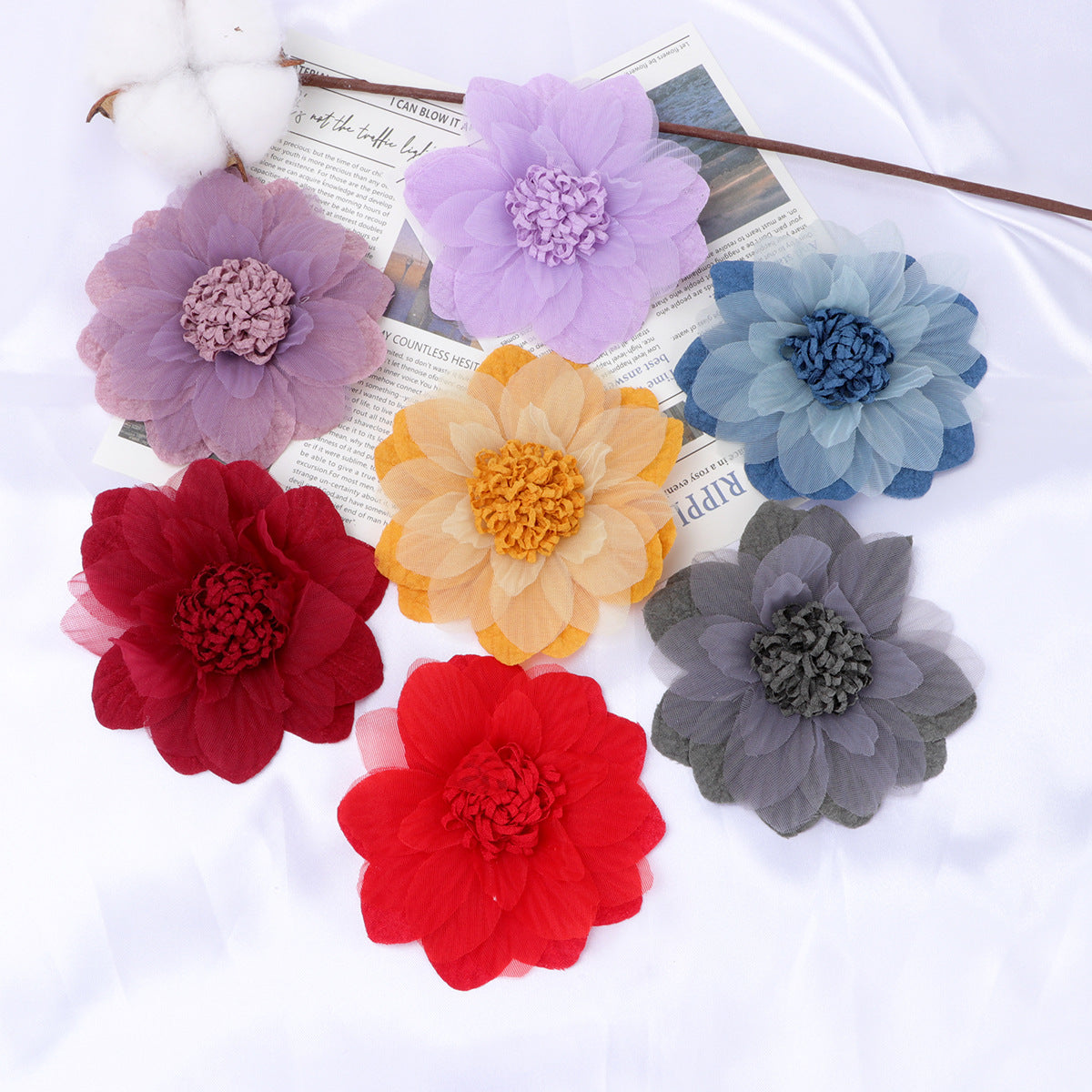 Layered Dahlia Fabric Flower with Fringe Center - White 10cm