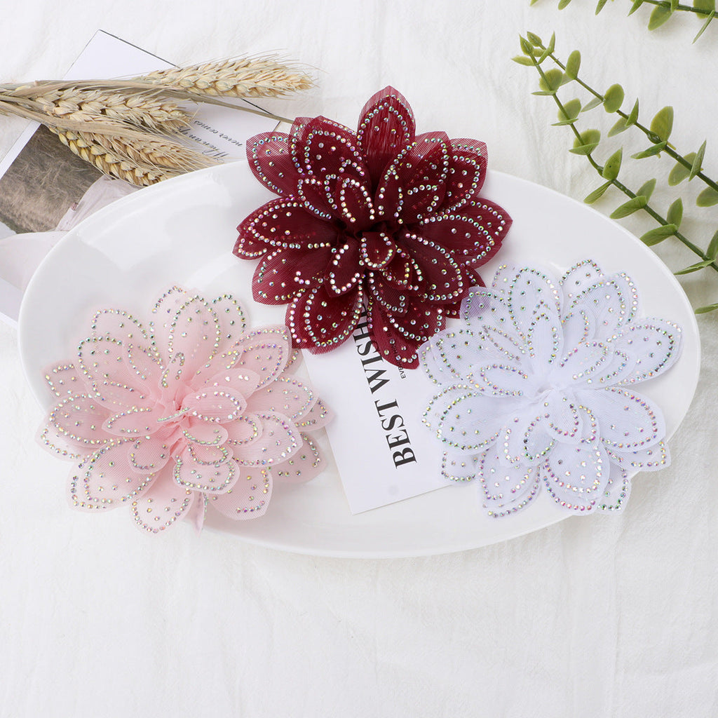 Sparkly Rhinestone Camellia Fabric Flower Applique - White 11CM