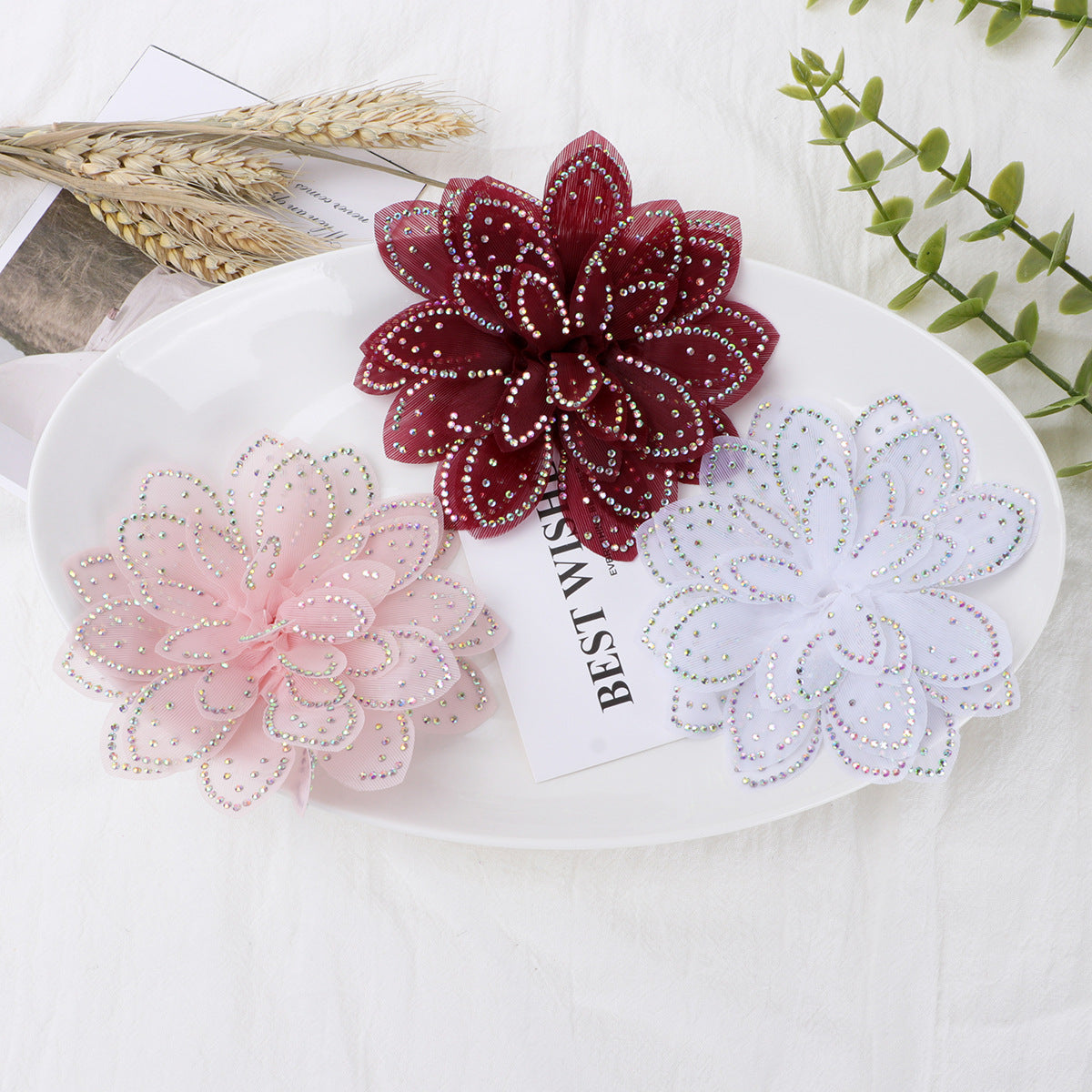 Sparkly Rhinestone Camellia Fabric Flower Applique - White 11CM