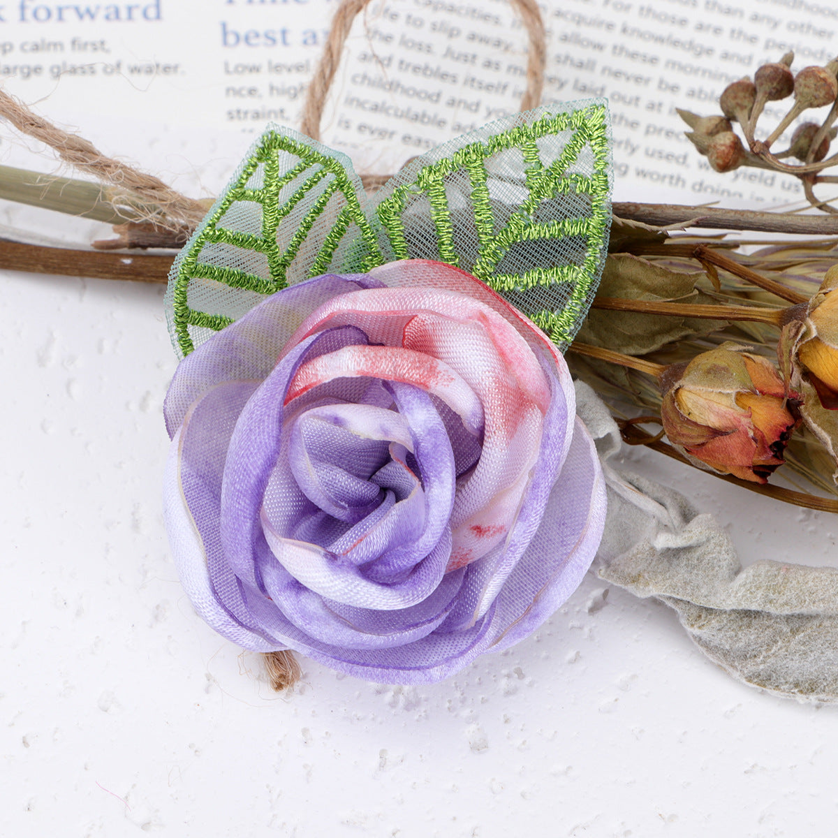 Tie Dye Rose Fabric Flower with Embroidered Leaf - Light pink 7cm