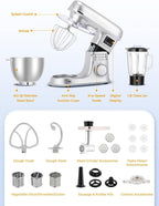 Batidora de pie de 8 l - Batidora eléctrica de cocina con pantalla LED, 6 velocidades, cabezal inclinable, recipiente de acero inoxidable, incluye picadora de carne, gancho para masa, batido